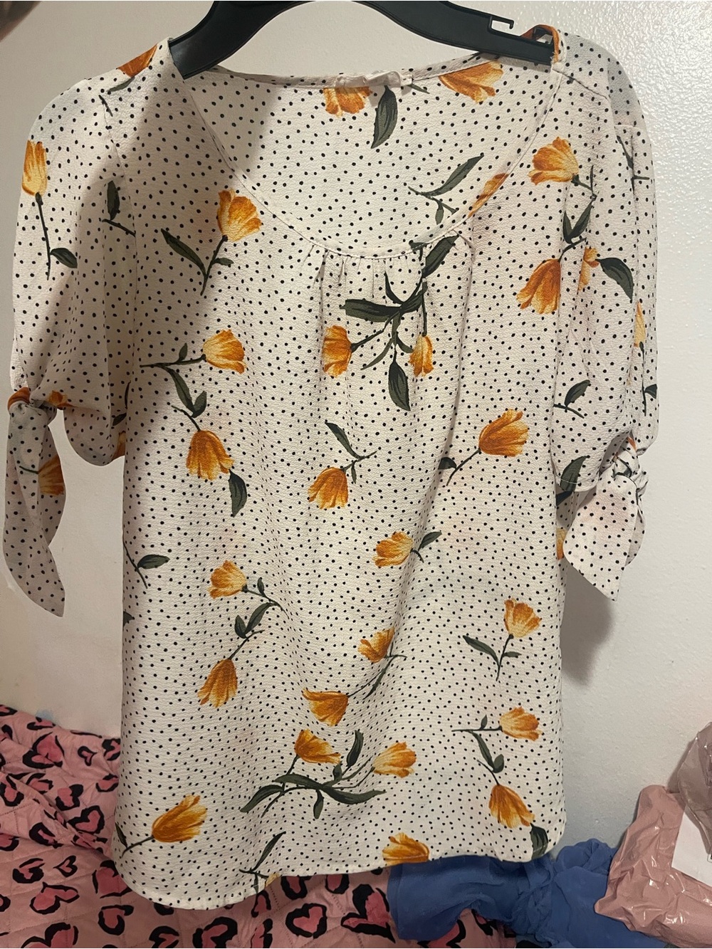 mine Cream Dot Blouse with Yellow Floral Print